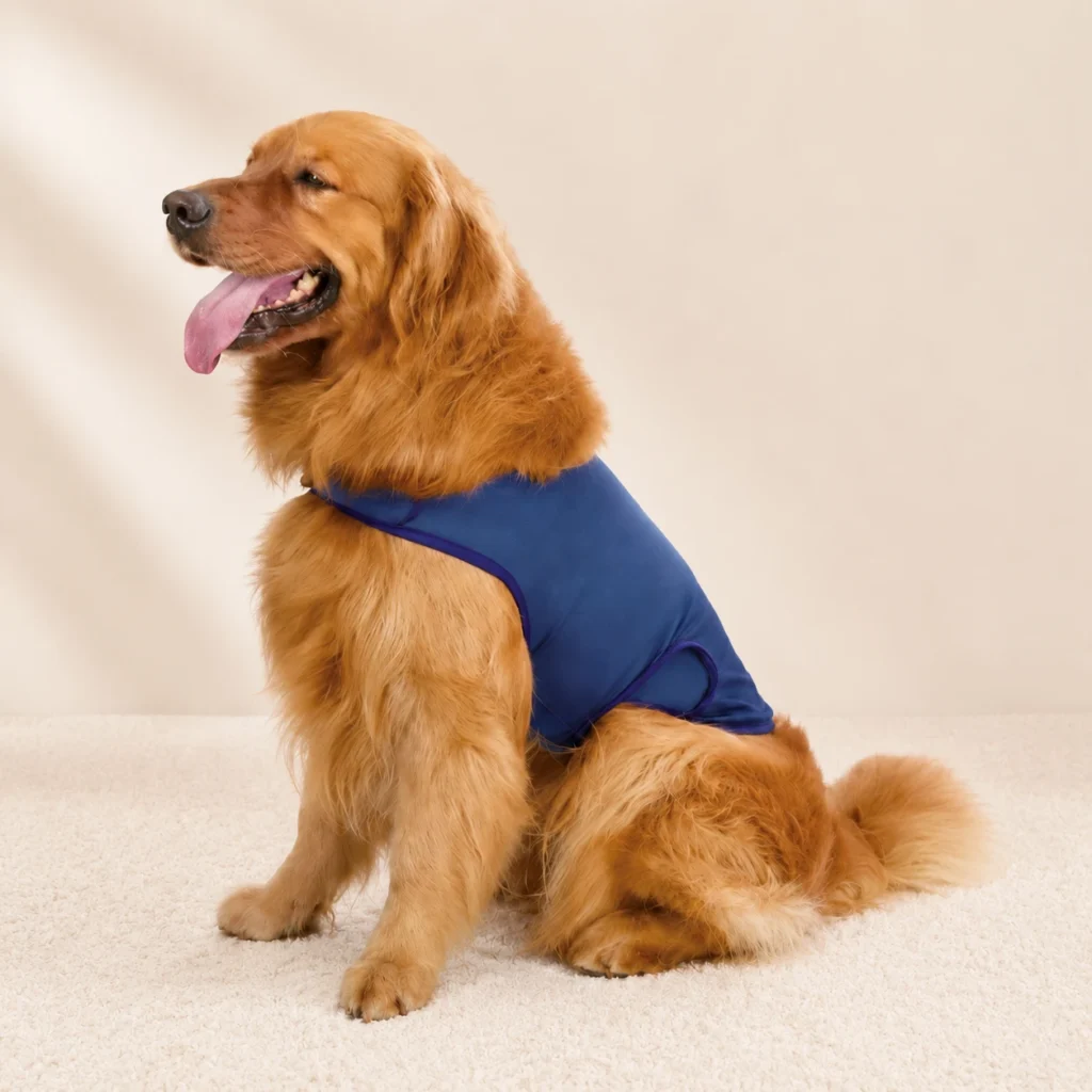 Dog wearing a calming support coat