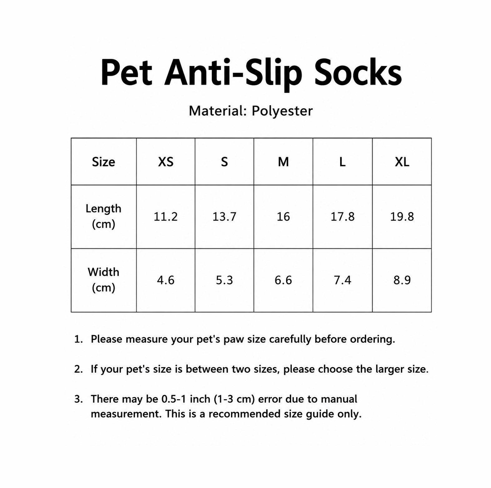 Non-slip pet socks size chart