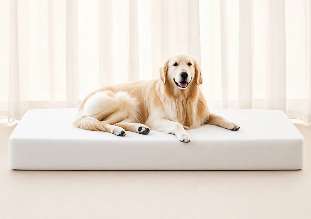 Senior dog resting on an orthopedic support mat
