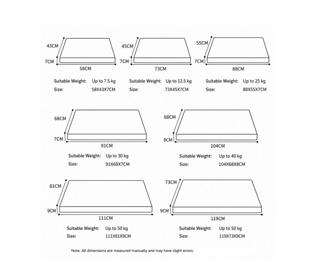 Orthopedic pet mat size chart