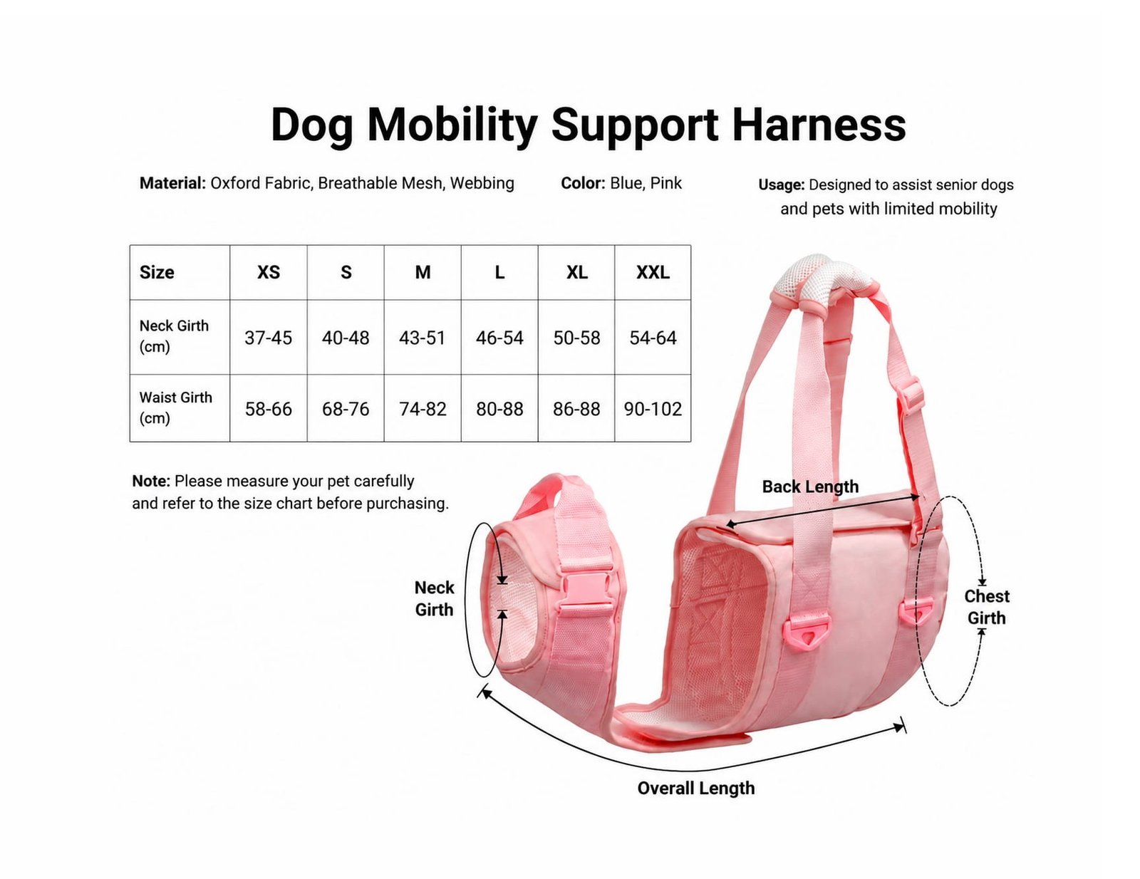 Full-body dog support harness size chart